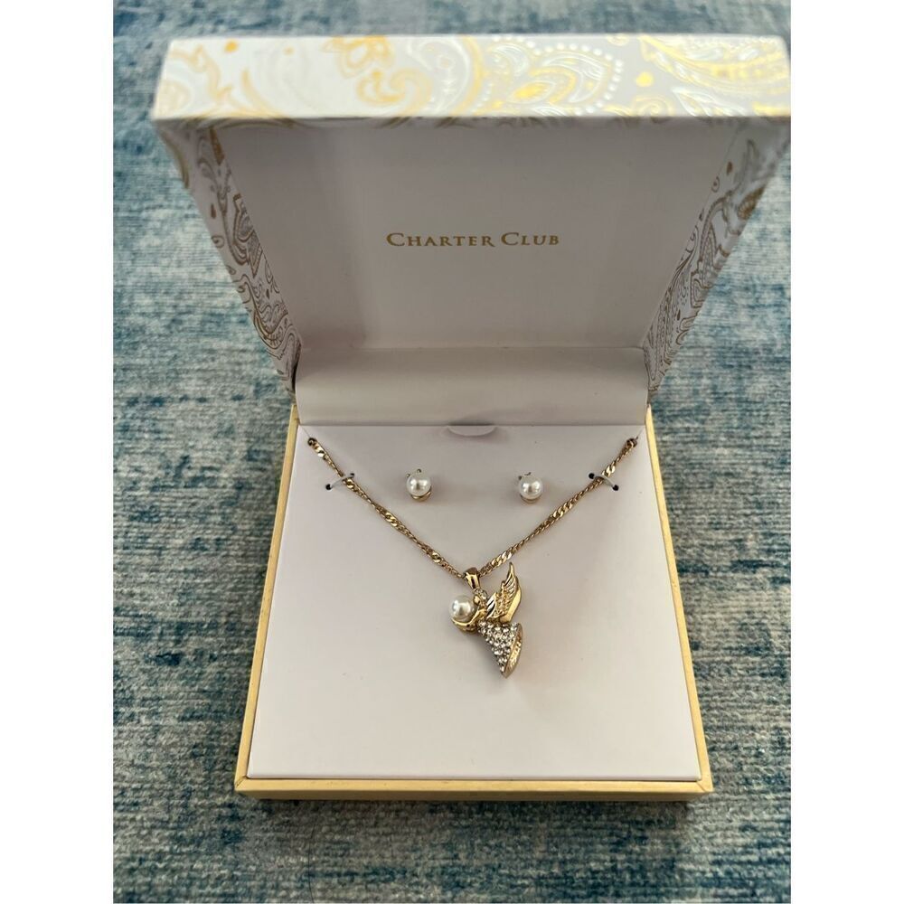 Charter Club Gold Tone Rhinestone Faux Pearl Angel Earring and Necklace Box Set